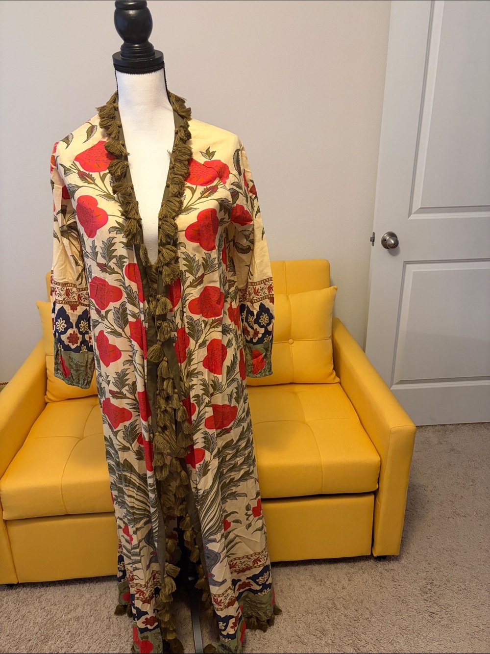 Rhode Resort Floral Long Kimono Robe with Olive Trim - Cream & Red great pompoms
